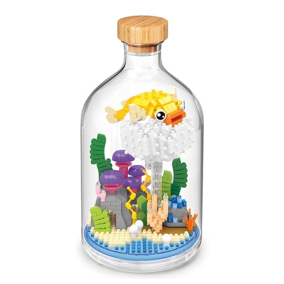 HI-REEKE Ocean Creatures Micro Mini Building Block Set Puffer Fish in a Bottle ABS Toy for Kid Yellow