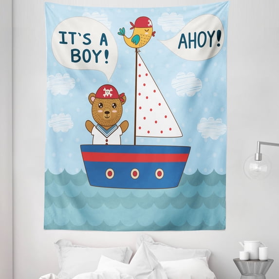 Ahoy Its a Boy Tapestry, Shower Theme It's a Boy in Nautical Style Bear and Bird in Boat, Fabric Wall Hanging Decor for Bedroom Living Room Dorm, 5 Sizes, Multicolor, by Ambesonne