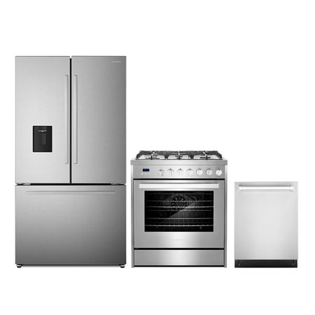 3 Piece Kitchen Package with 30  Freestanding Gas Range 24  Built-in Fully Integrated Dishwasher 36  French Door Refrigerator