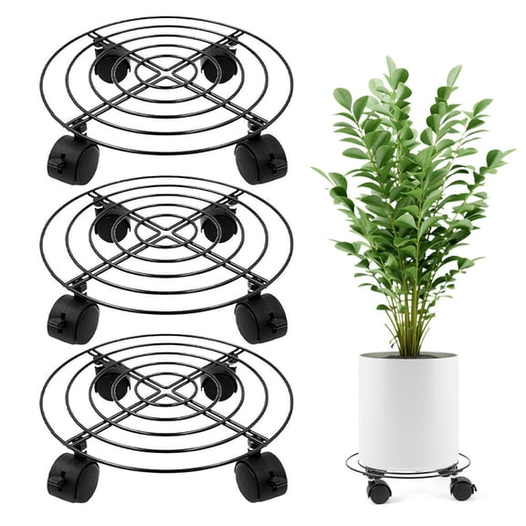 YAHHU 3‑Pack Heavy‑Duty Metal Plant Caddy with 27 cm Wheels – Durable Iron Trolley for Indoor/Outdoor Garden Pots
