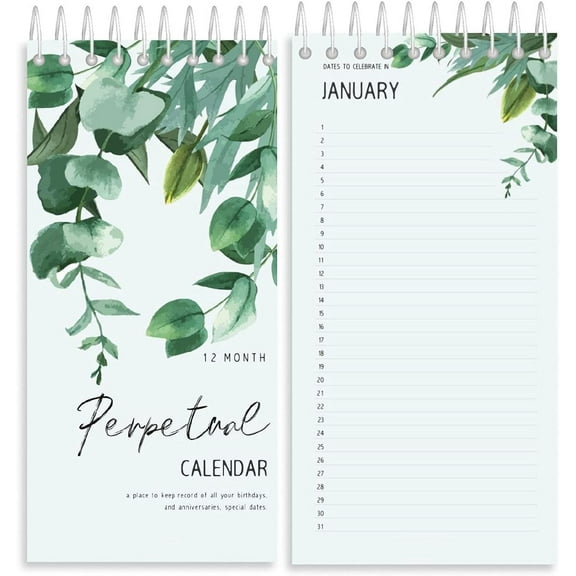 v2croft Perpetual Calendar, 5" x 10" Minimalist Special Event Reminder Calendar Book, Sprial Monthly and Daily Wall Hanging Organizer for Important Dates, Birthdays, Anniversaries (Green Leaves)