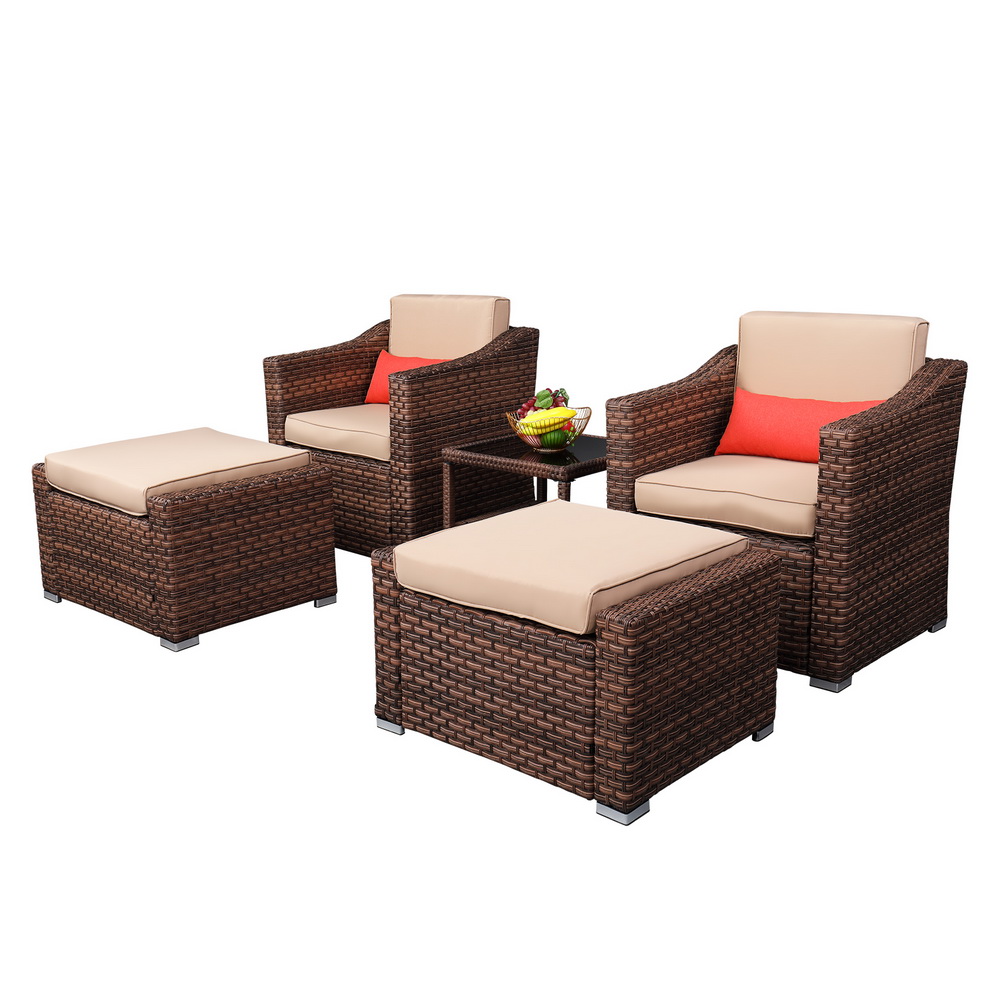 5Piece Wicker Patio Chair with Ottoman Set, BTMWAY Brown Cushioned Bistro Patio Set Rattan Deck Chair with Side Table, Cushioned Outdoor Furniture Set for Patio Porch, R230 - image 2 of 10