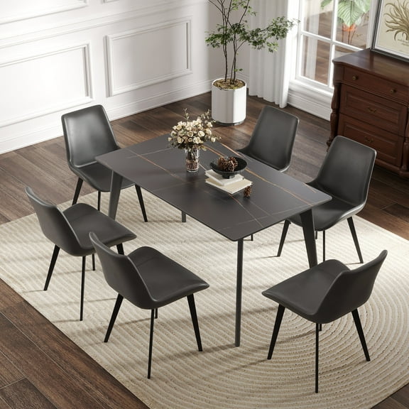 55" Modern Black Dining Table - Sintered Stone Top & Metal Legs, Seats 6, Rectangular Kitchen Table for Dining Room. Durable, Stain-Resistant Design.