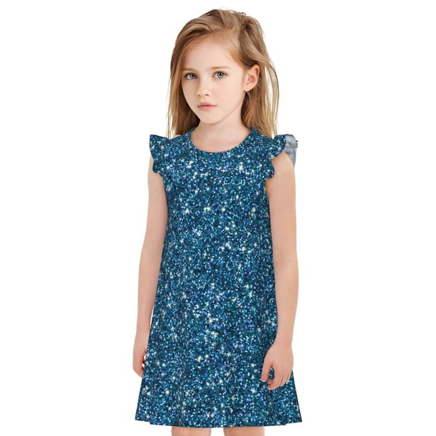 Fotbe Blue Glitter Vestido de Dormir para Niñas de 3 a 10 Años, Mangas Cortas, Estilo Princesa, Pijama Camisón con Mangas Voladas-Large