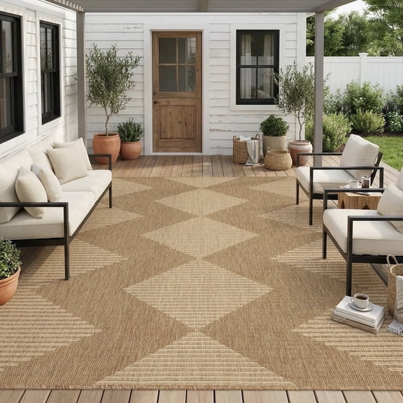 SIXHOME 5'x7' Outdoor Rugs, Bohemian Geometry Patio Rug, Indoor Outdoor Polypropylene Weave Textured Carpet, Water-Resistant, Quick-Dry Rug for Porch, Balcony, RV, Garden, Neutral Brown
