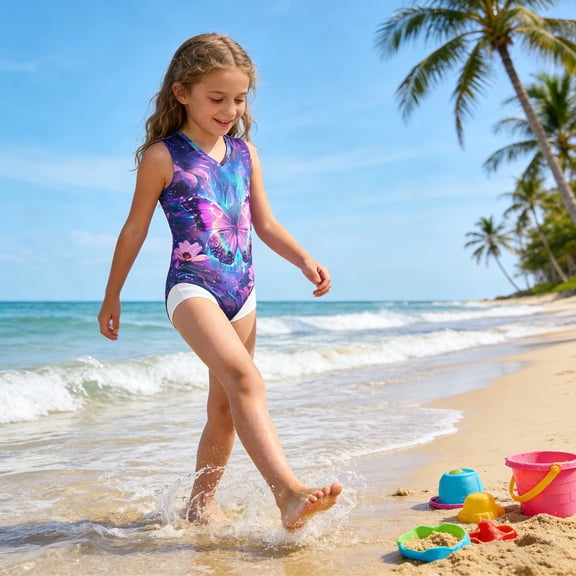 CUZIBR Kids One Piece Swimsuit Floral Print Round Neck Sleeveless Bodysuit Onesize Jumpsuit Swimwear For Teens Tankini Comfortable Fit Stylish Summer Quickly Dry Beachwear,Purple,9-10 Years