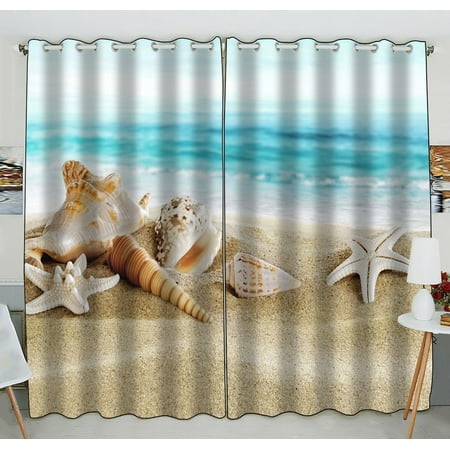 Seashells Window Windows - GCKG Seashell Starfish Soft Sand Blue Sea Window Curtain Kitchen Curtain Window Drapes Panel for Living Room Bedroom Size 52(W) x 84(H) inches (Two Piece)