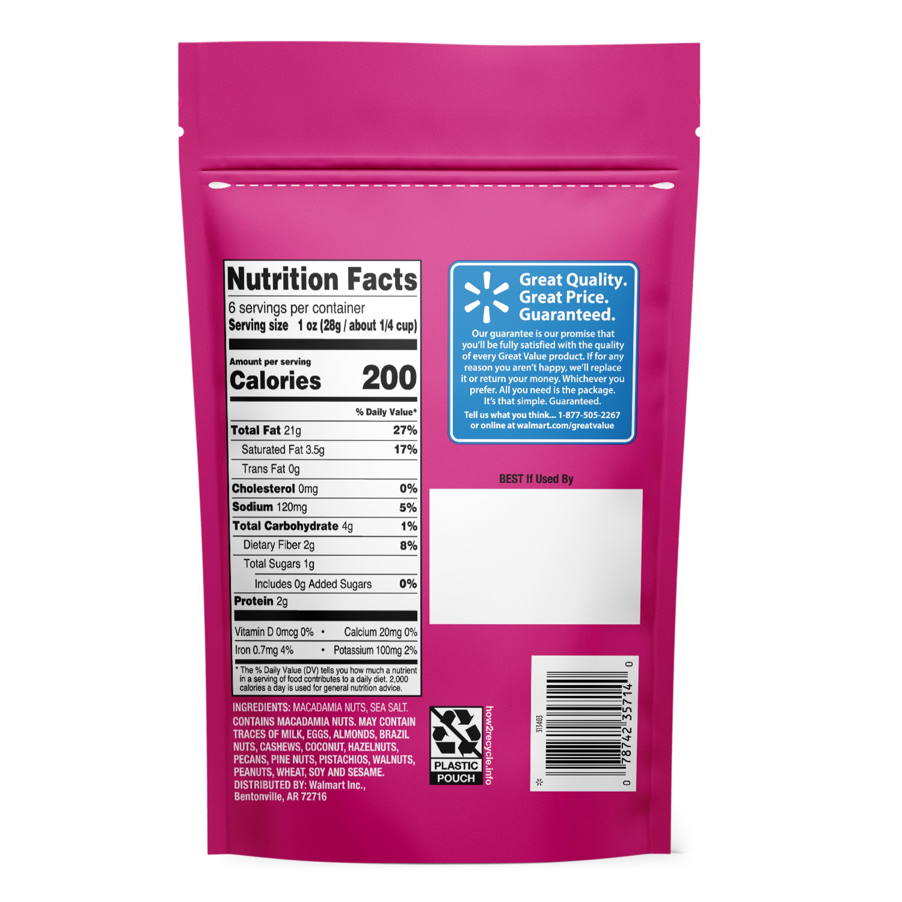 (3 pack) Great Value Dry Roasted & Salted Macadamia Nuts, 6 oz