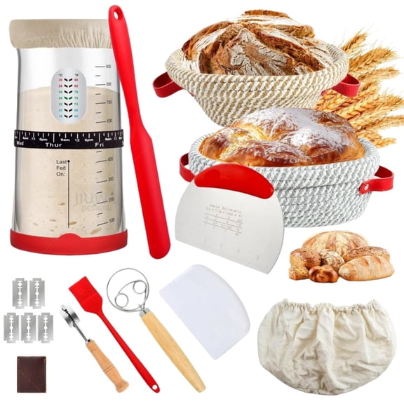 Sourdough Starter Kit, Bread Baking Supplies Bread Proofing Basket Set, 9" Round & 10" Oval, 34oz Starter Jar for Bread Making Fermentation