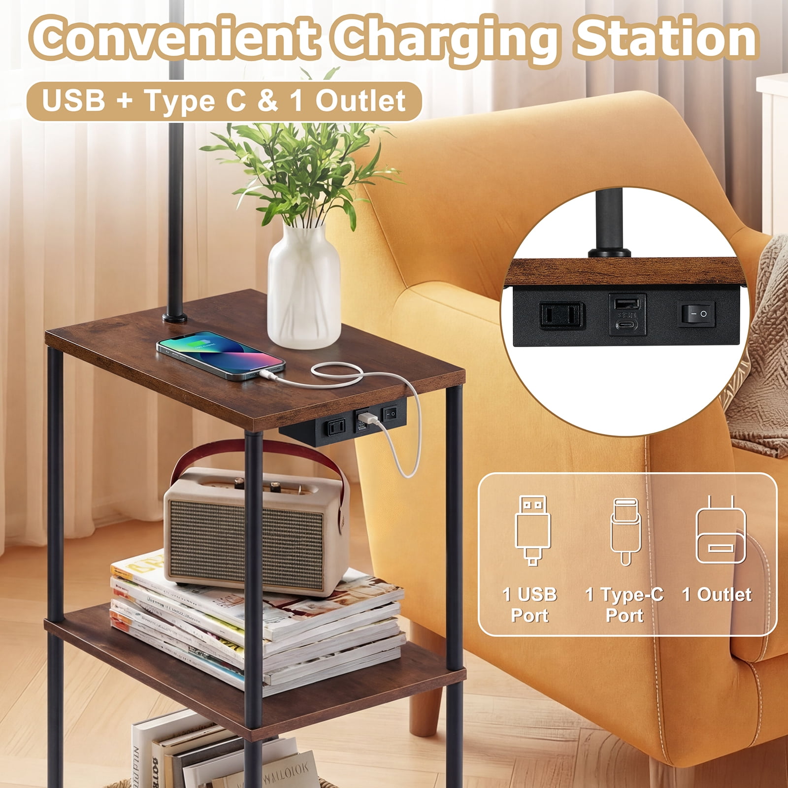 Vesteel Floor Lamp with Table, End Table with Charging Station(USB & Type-C & AC Port), Shelves Side Table with 3 Color Temperature LED Bulb, Nightstand Lamp for Living Room, Bedroom