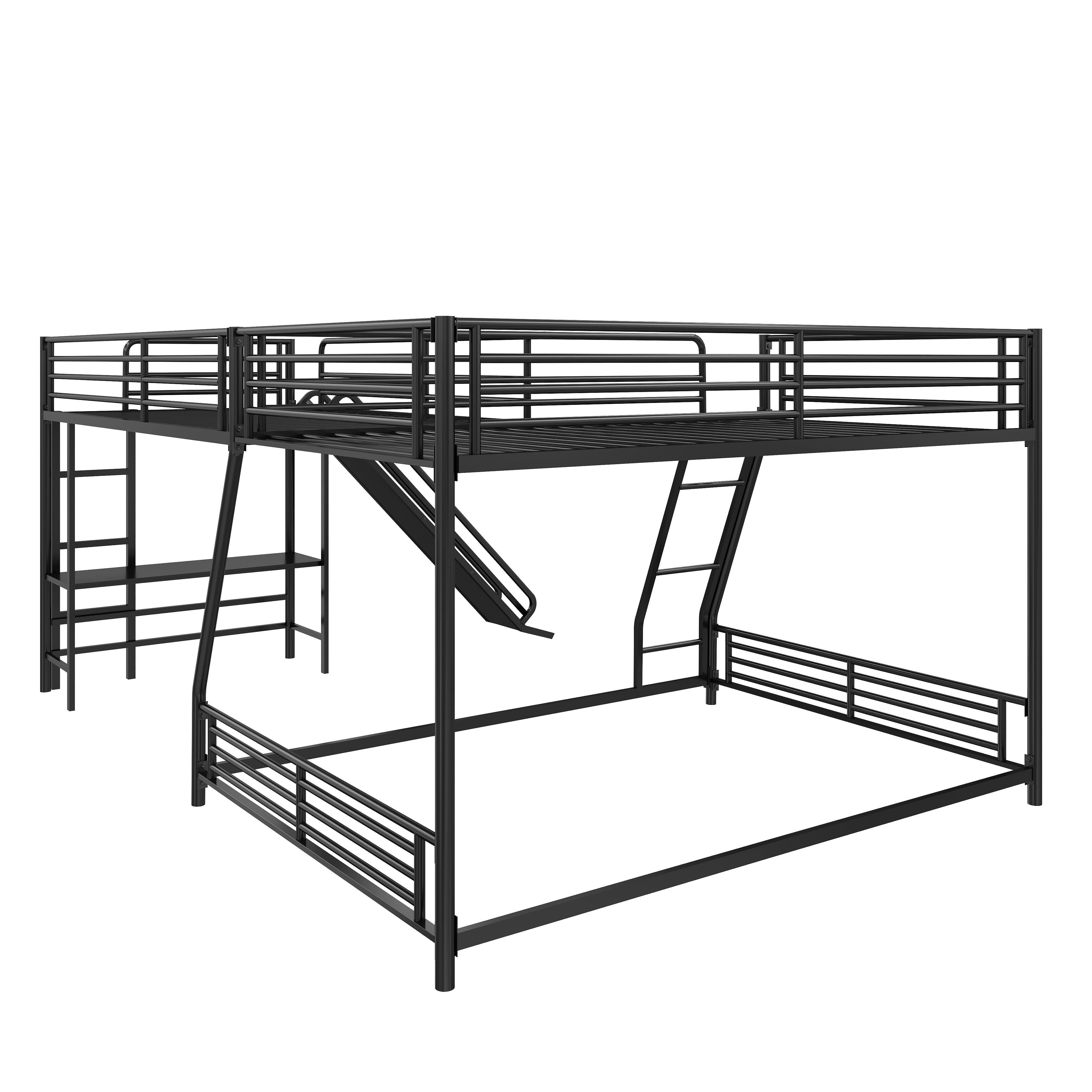 Euroco Metal L-Shaped Twin over Full Bunk and Twin Loft Bed with Desk and Slide for Kids Teens Adults, 3 Beds in 1, Black