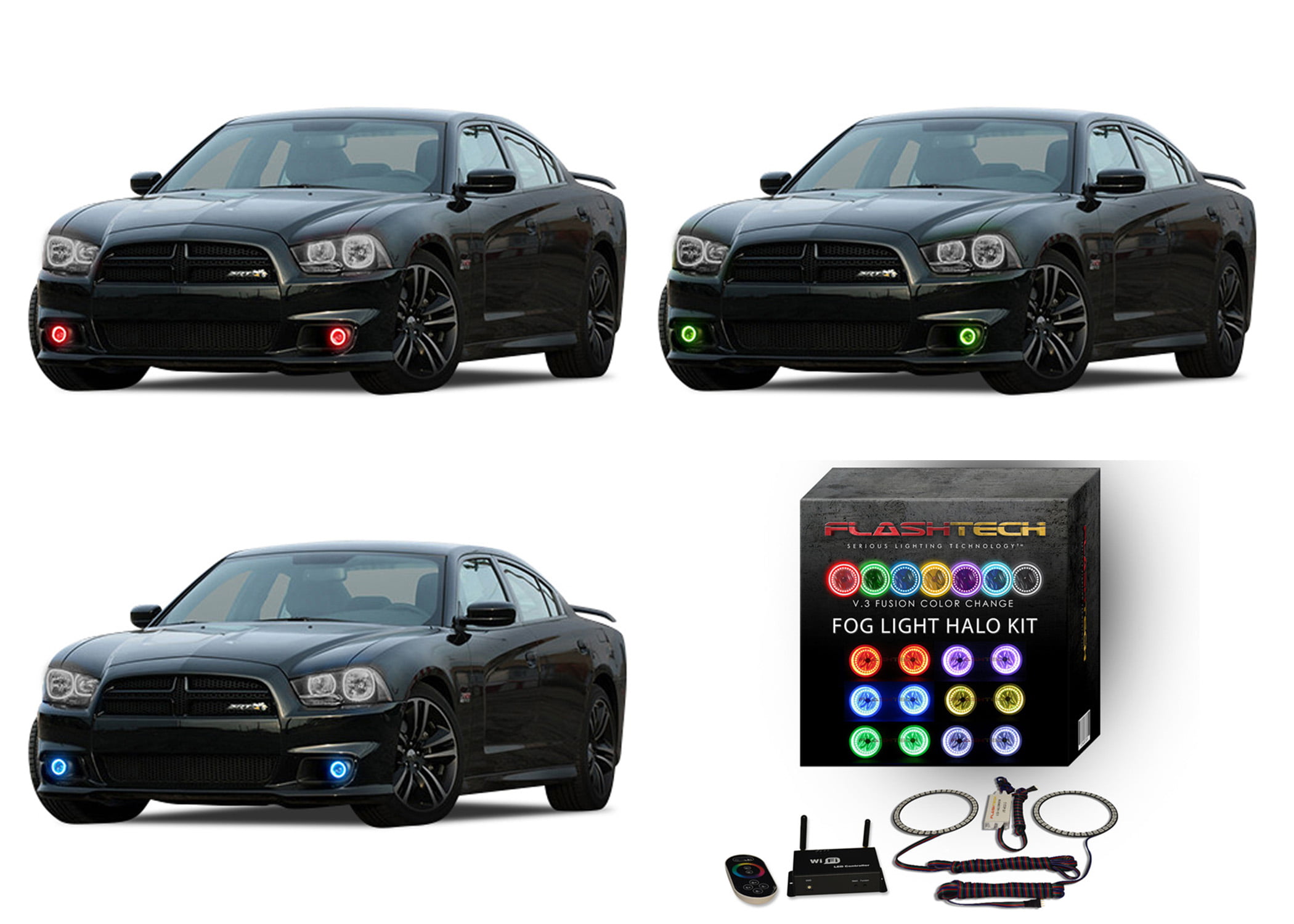 LED Fog Light Halo Rings Multi-Color IR Remote Kit for Dodge Charger 05-10 