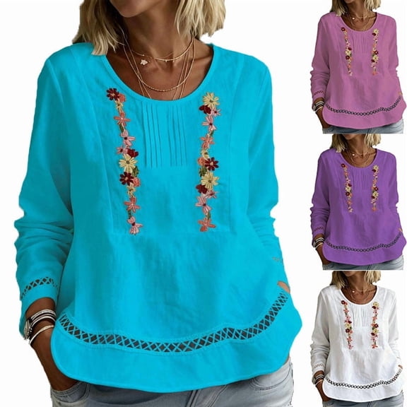 Miluxas Embroidered Tops for Women Trendy Hollow Trim Long Sleeve Boho Cotton Shirts Scoop Neck Pullover Clothes White