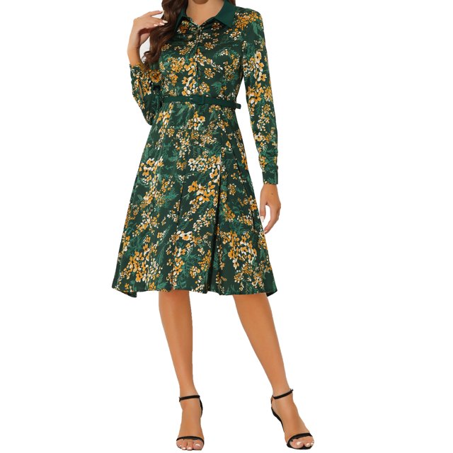 INSPIRE CHIC Robe Midi à Manches Longues avec Ceinture et Col Contrasté à Fleurs pour Femmes TG Vert