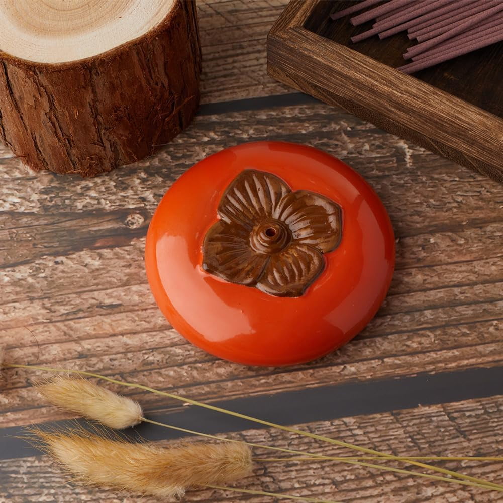 Incense Holder Orange Ceramic Incense Stick Burner Persimmon Shape Creative Handmade Incense Tray Support Stand Porcelain Coil Base for Studio Living Room Home Fragrance Decoration