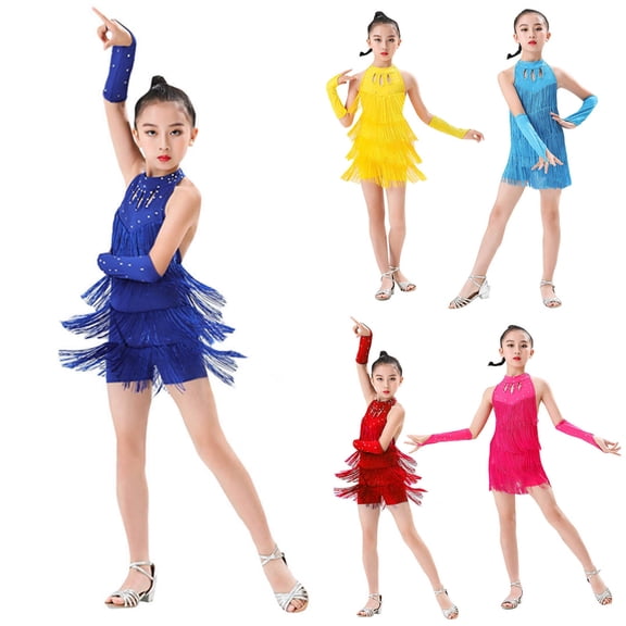 RTKFRFLM Girls Latin Dance Dress One-Piece Fringed Performance Leotard for Competition Yellow 6-7 Years