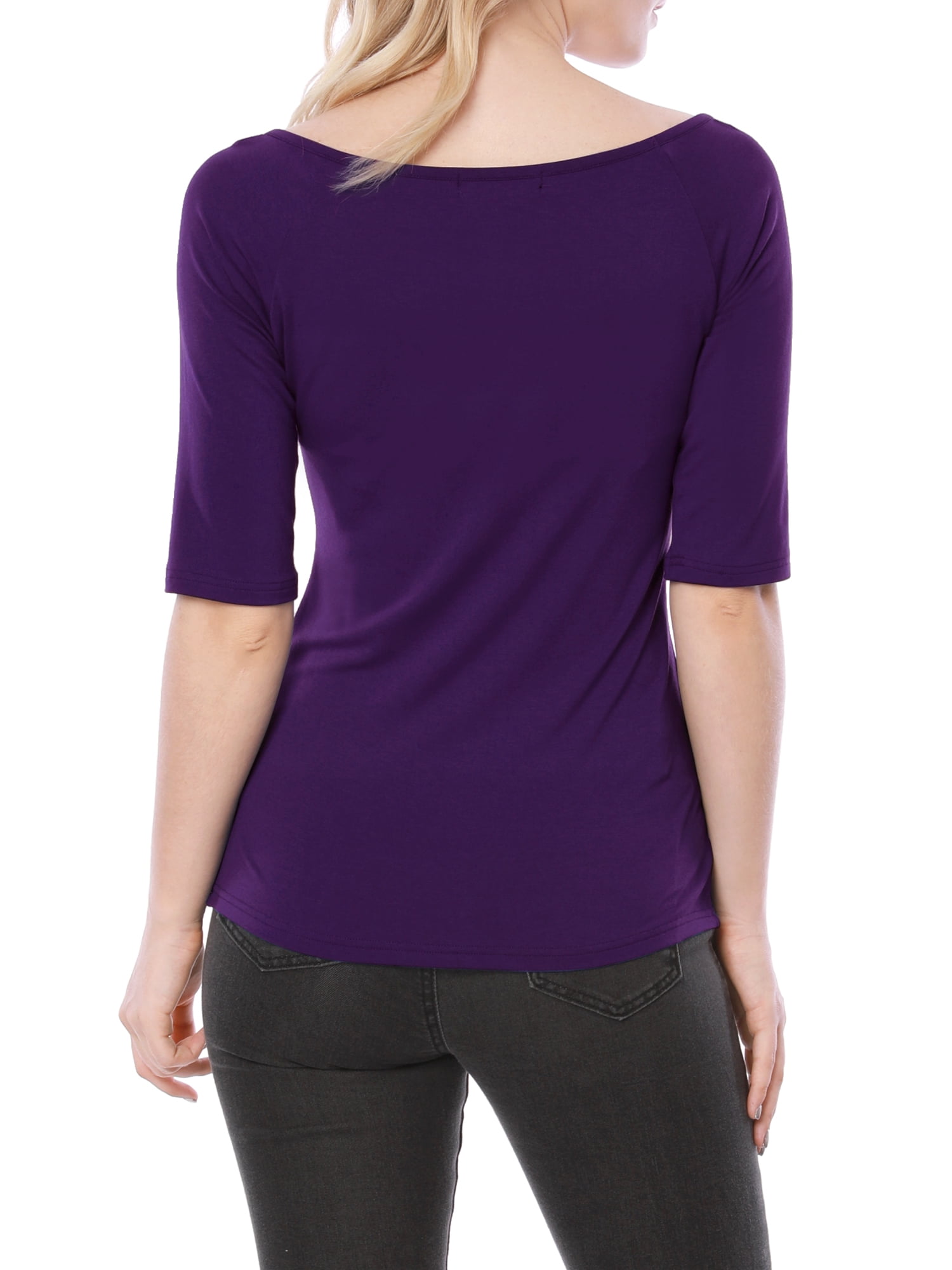 DARING DIVA Women's Slim Fit Pullover Boat Neck Stretchable T-Shirt L Dark Purple