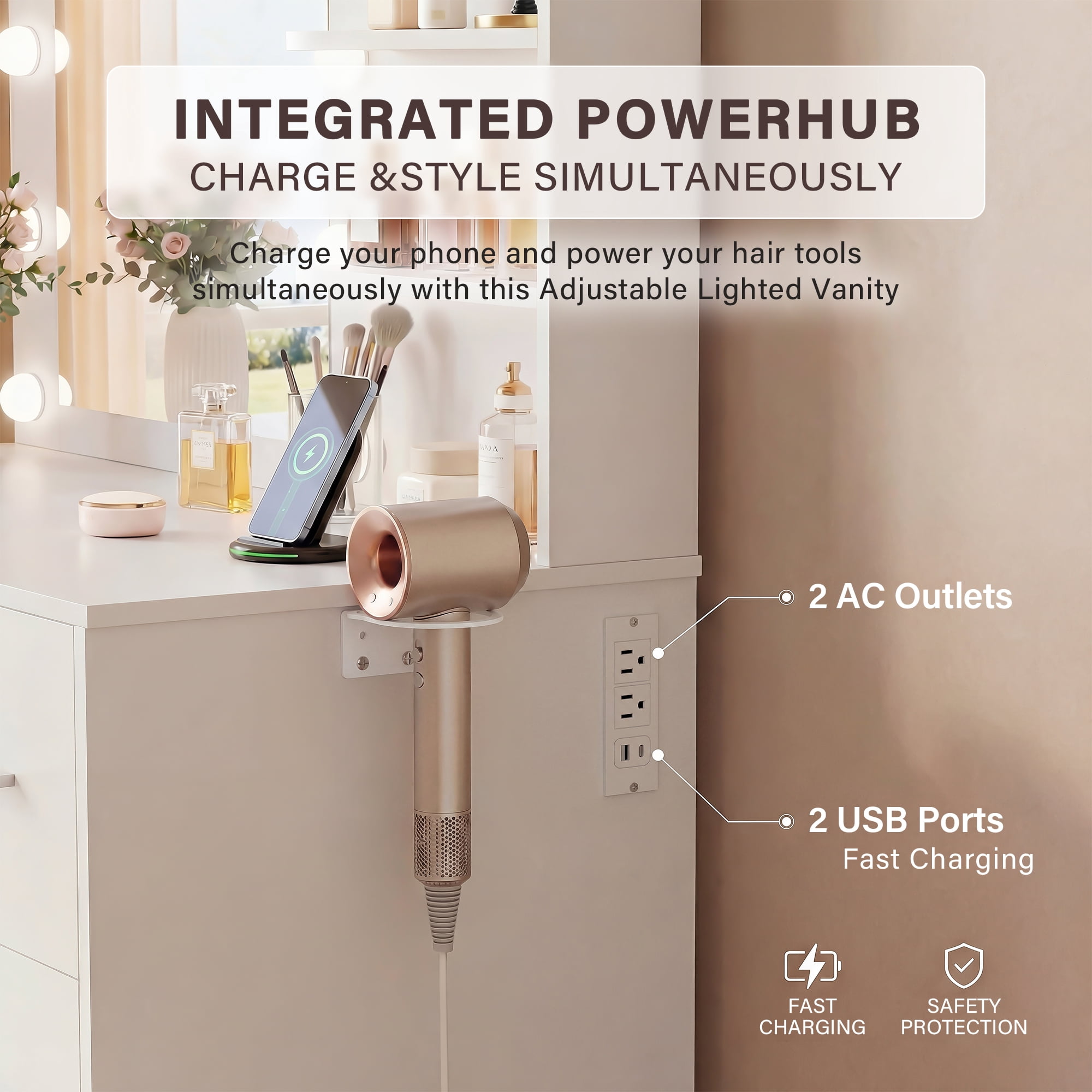 Vineego Makeup Vanity Desk with Mirror, Vanity Set with Charging Outlets and LED Lights, Vanity Table with Storage Shelves Drawers and Cabinet for Bedroom Dressing Room, White