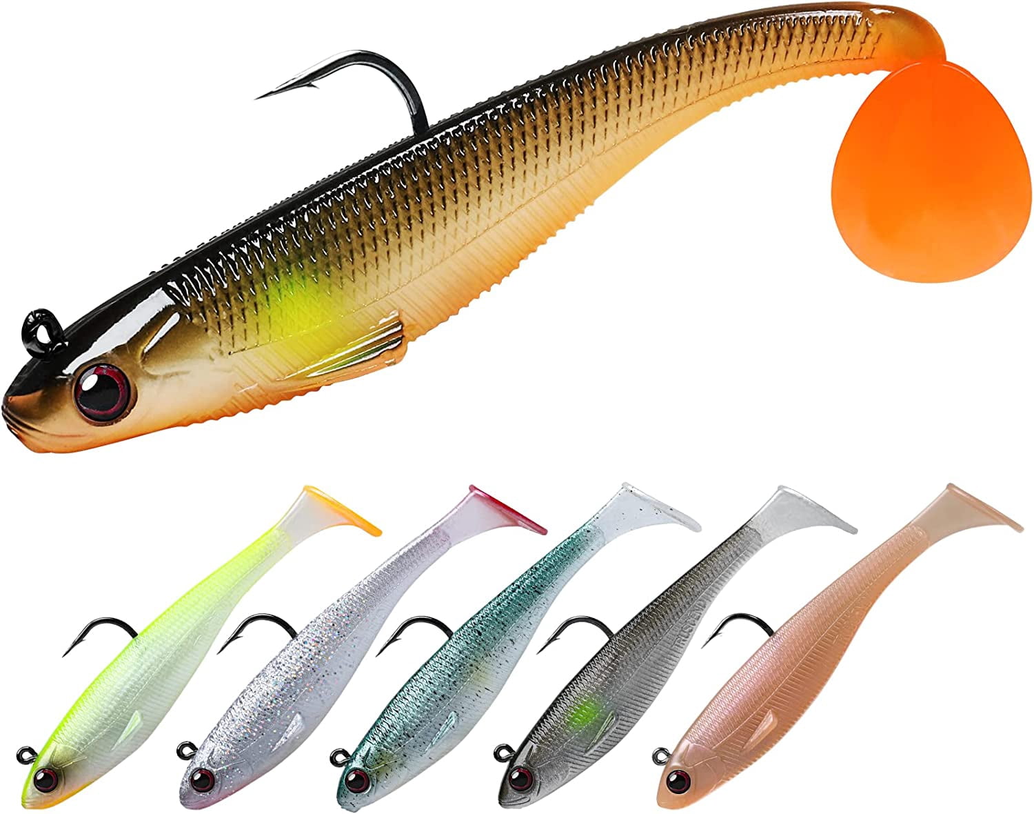 5 Pcs Paddle Tail Swim Baits With Spinner - Pre-Rigged Jig Head Lures For Bass & Trout