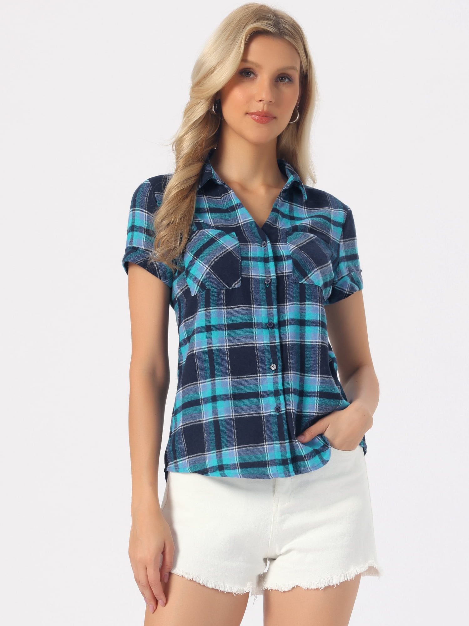 DARING DIVA Women's Plaid Shirts Cotton Short Sleeve Button Down Shirt XL Lake Blue