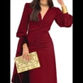 thumbnail image 3 of Vestidos de Cóctel de Sirena para Otoño e Invierno para Mujer, Larga, Escote en V, Ajustados, Maxivestido Fruncido en la Cintura. Vino Tinto XL, 3 of 9
