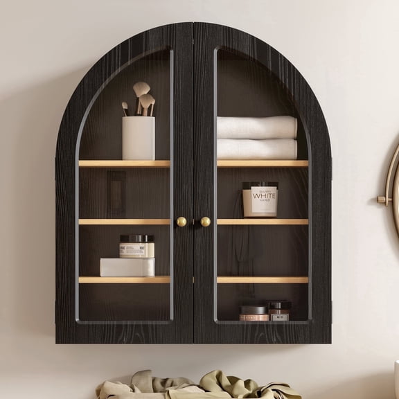 EYYTHUNG Modern Arched Wall Cabinet, Large Medicine Cupboard Black Cabinet for Bathroom with Adjustable Shelf, Black Oak