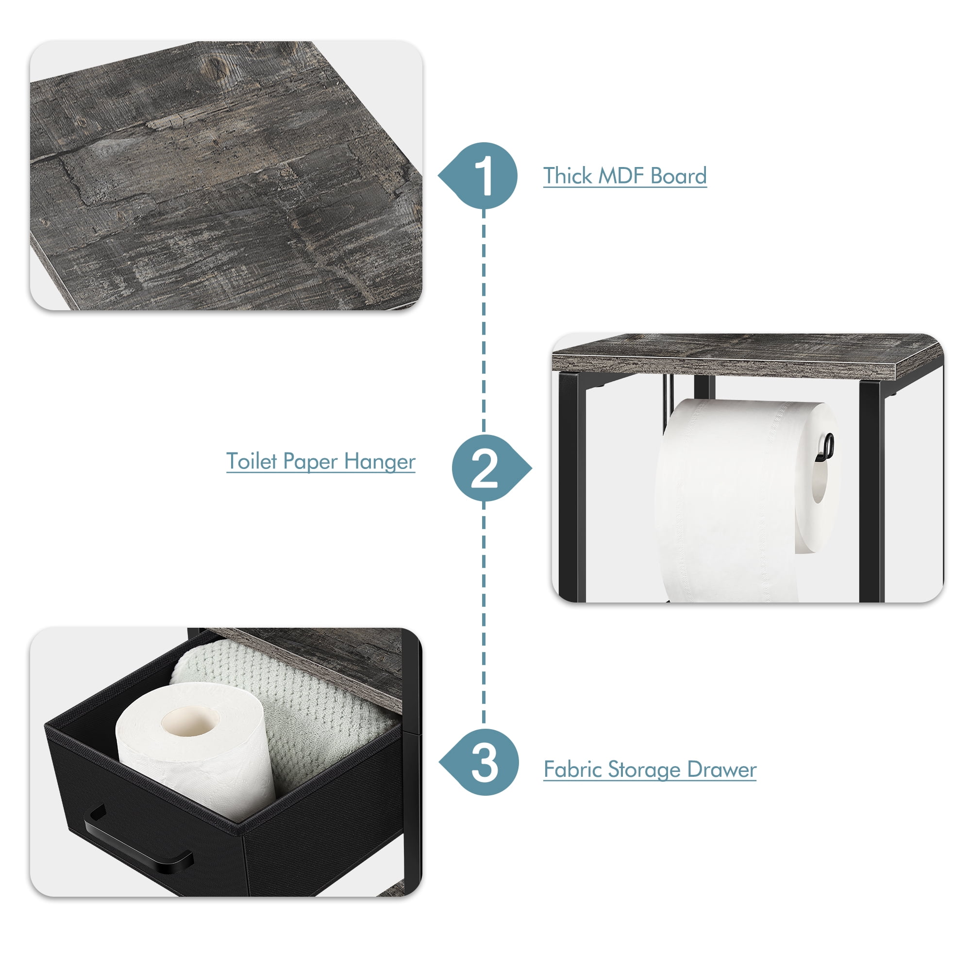 3-Tier Bathroom Storage Cabinet Tissue Holder Black Drawer Gray Divider