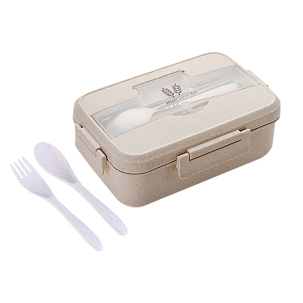 Caja de almuerzo ecológica de paja de trigo, 1200ml, apta para microondas, con cierre hermético y compartimentos internos, incluye cuchara y tenedor (opción de acero inoxidable o paja de trigo).