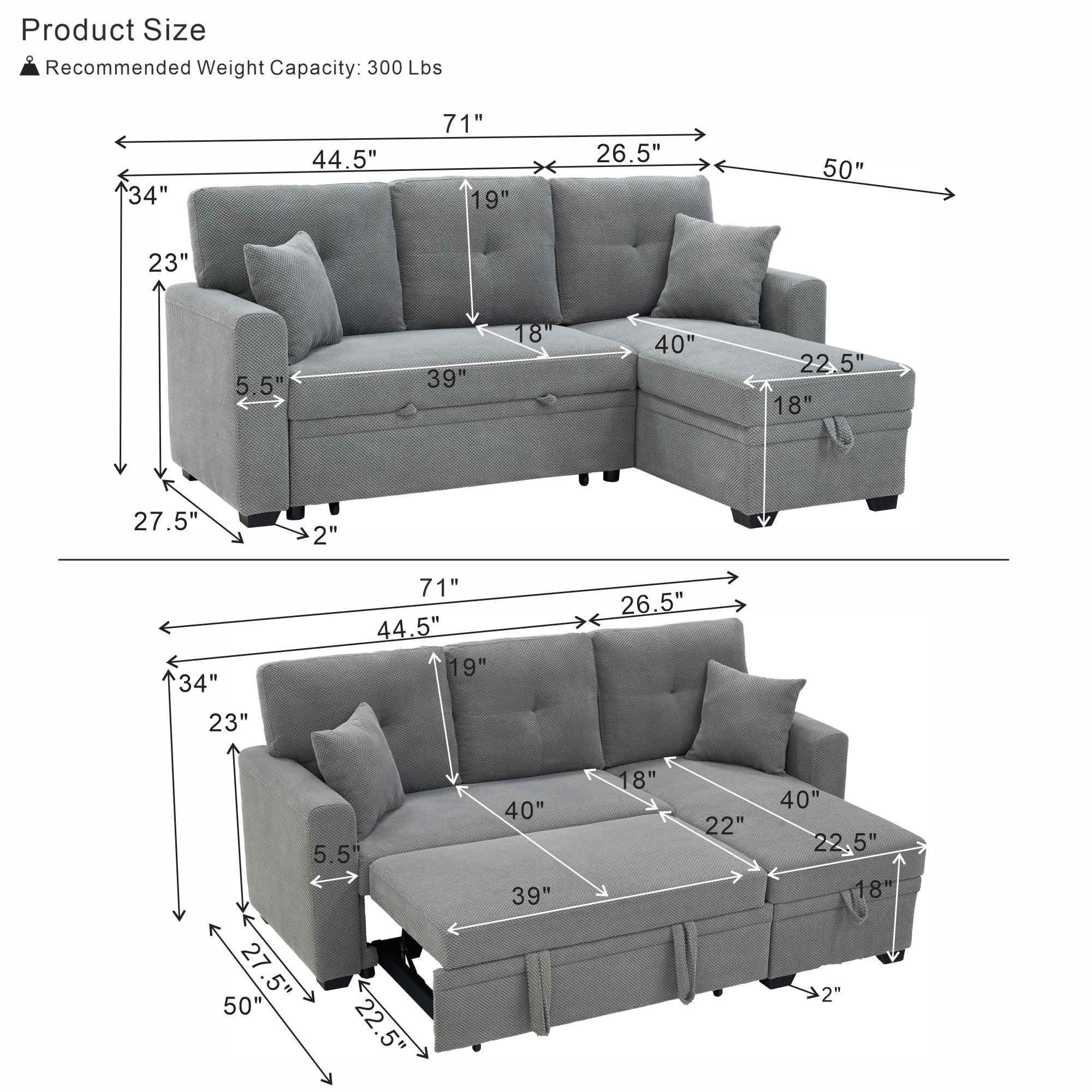 MAYEERTY L‑Shaped Sleeper Sectional Sofa, Convertible Pull‑Out Bed with Reversible Storage Chaise, Dark Gray Breathable Polyester Fabric for Small Living Spaces