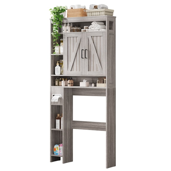 Over the Toilet Storage Cabinet with 2 Barn Doors & Built-In Toilet Paper Holder, Farmhouse Space-Saving Bathroom Storage, Grey