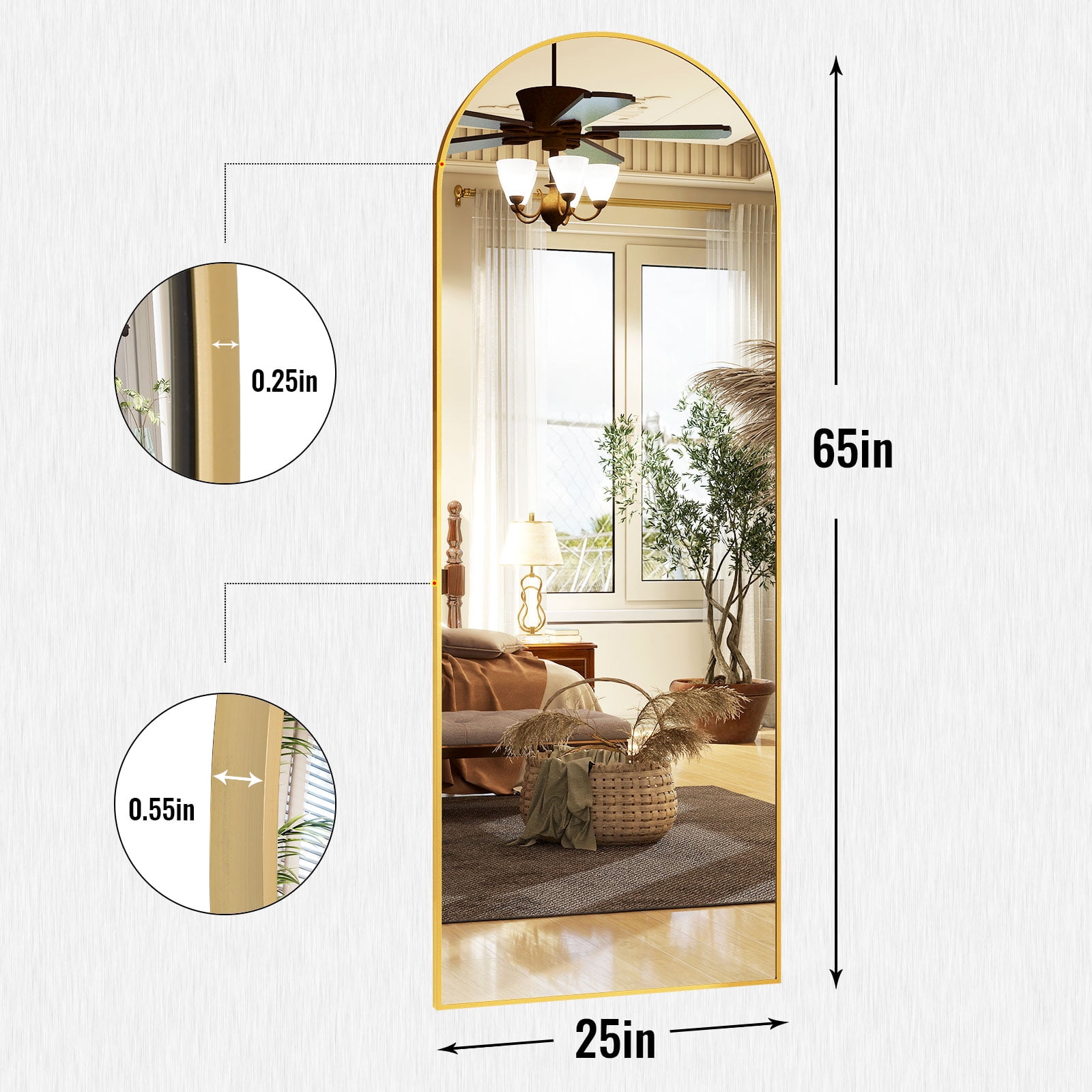 AUROMIR 24"x65" Arched Full Length Mirror Full Body Free Standing Floor Mirror, Black