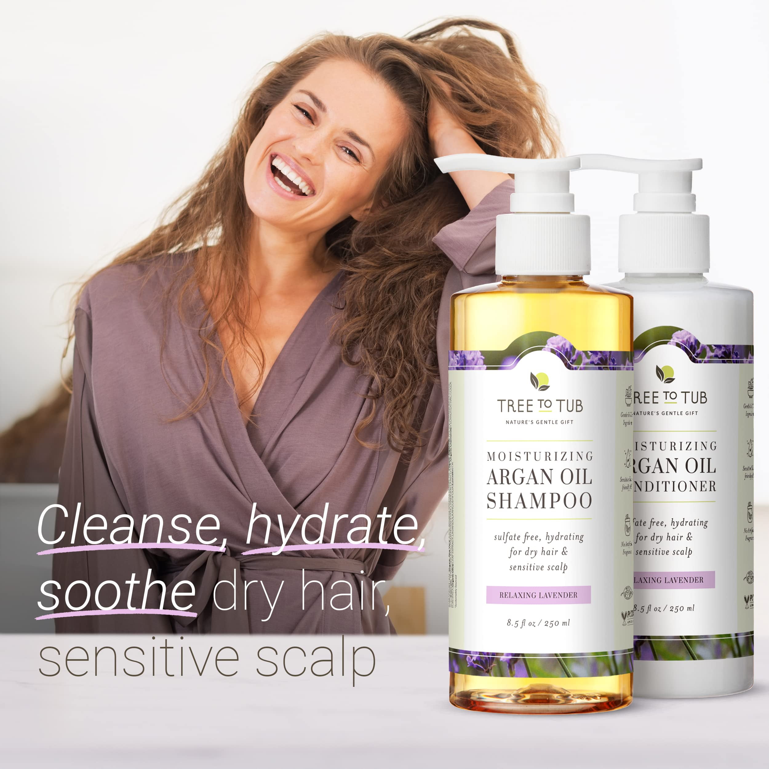 Tree To Tub Hydrating Sulfate Free Shampoo and Conditioner Set for Dry Hair, Dry Scalp Moisturizing Argan Oil Shampoo and Conditioner for Women & Men