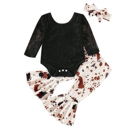 

Coduop Baby Girls Clothes Set Long Sleeves Lace Romper Cow Print Flared Pants Headband 3Pcs Outfit