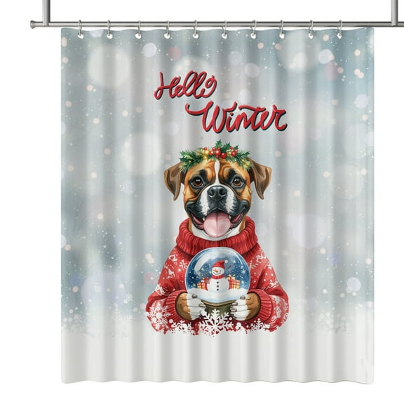 Hello Welcome Winter Boxer Holding Snow Globe Snowman Shower Curtain Boxers Dog Lover Gifts Idea Waterproof Bathroom Bathtub Curtain - 13015