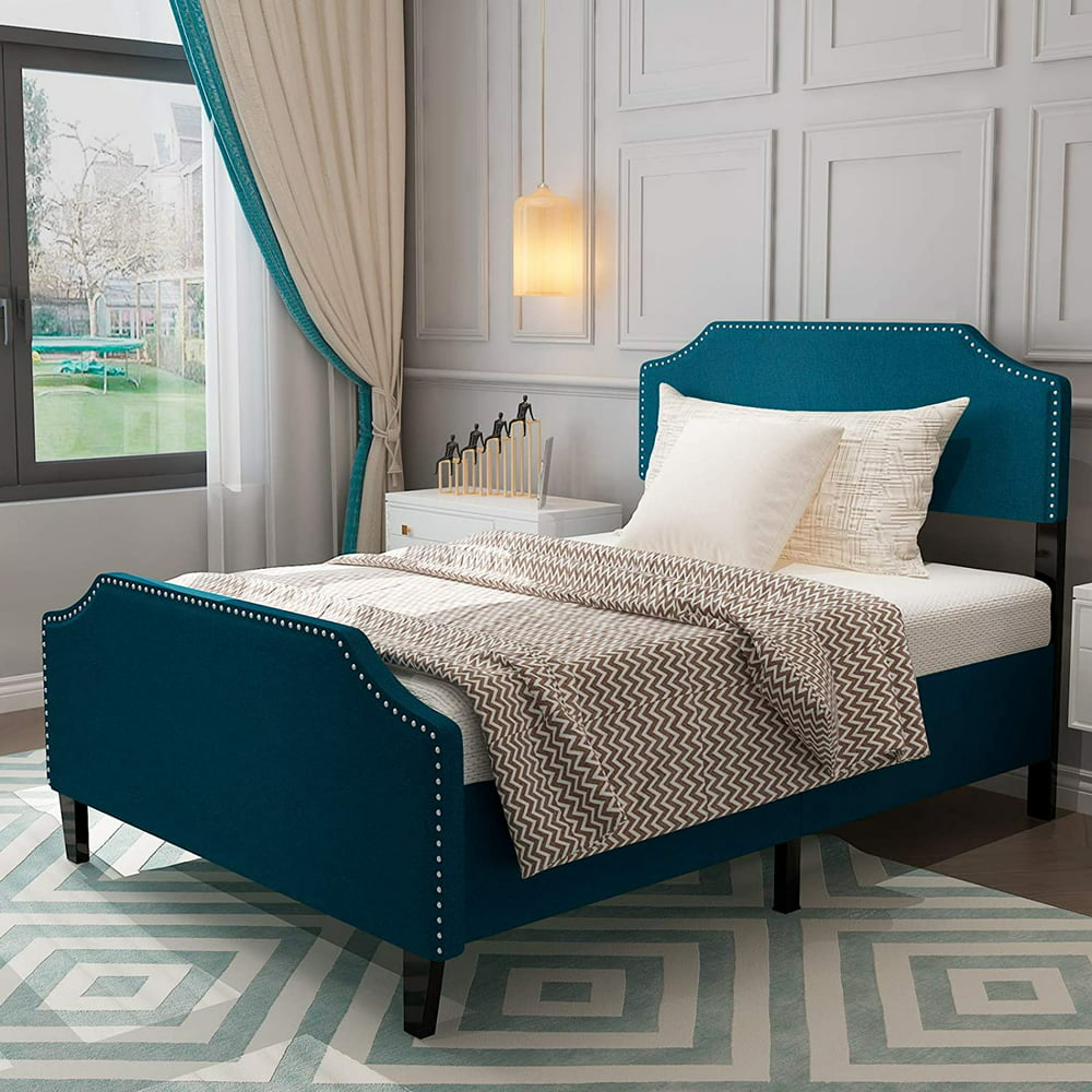 mecor Upholstered Linen Platform Bed/Blue Fabric Full Size Bed Frame