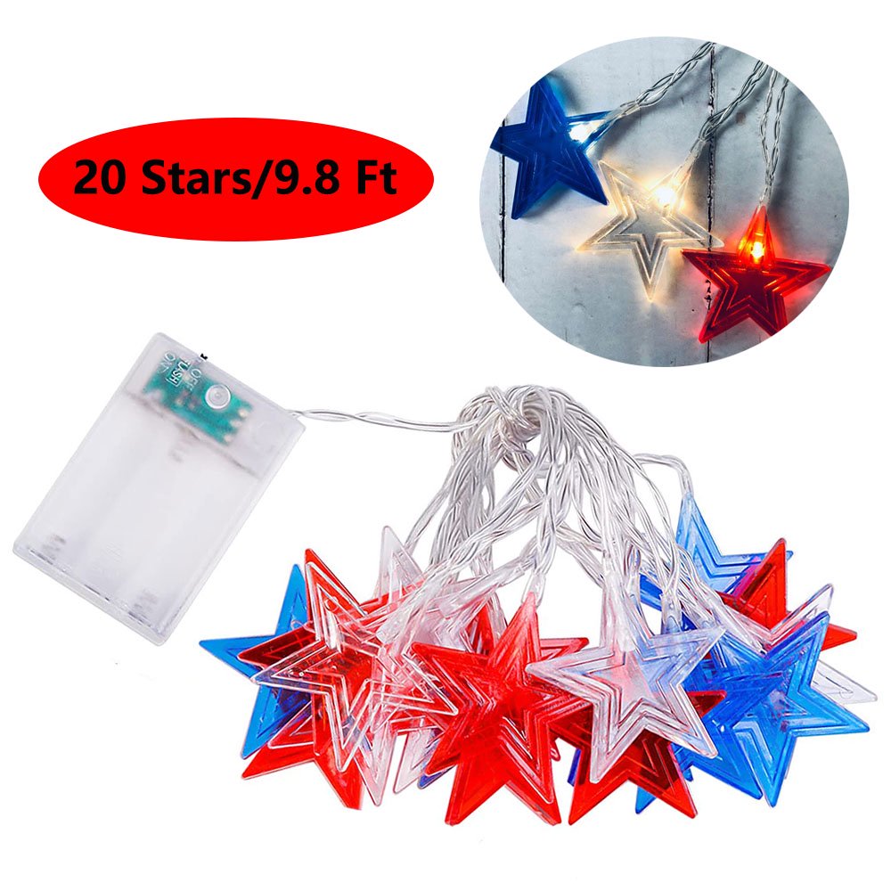 Star String Lights, 9.8 Ft/20 LED Red & White & Blue Star Battery Operated Indoor Outdoor String