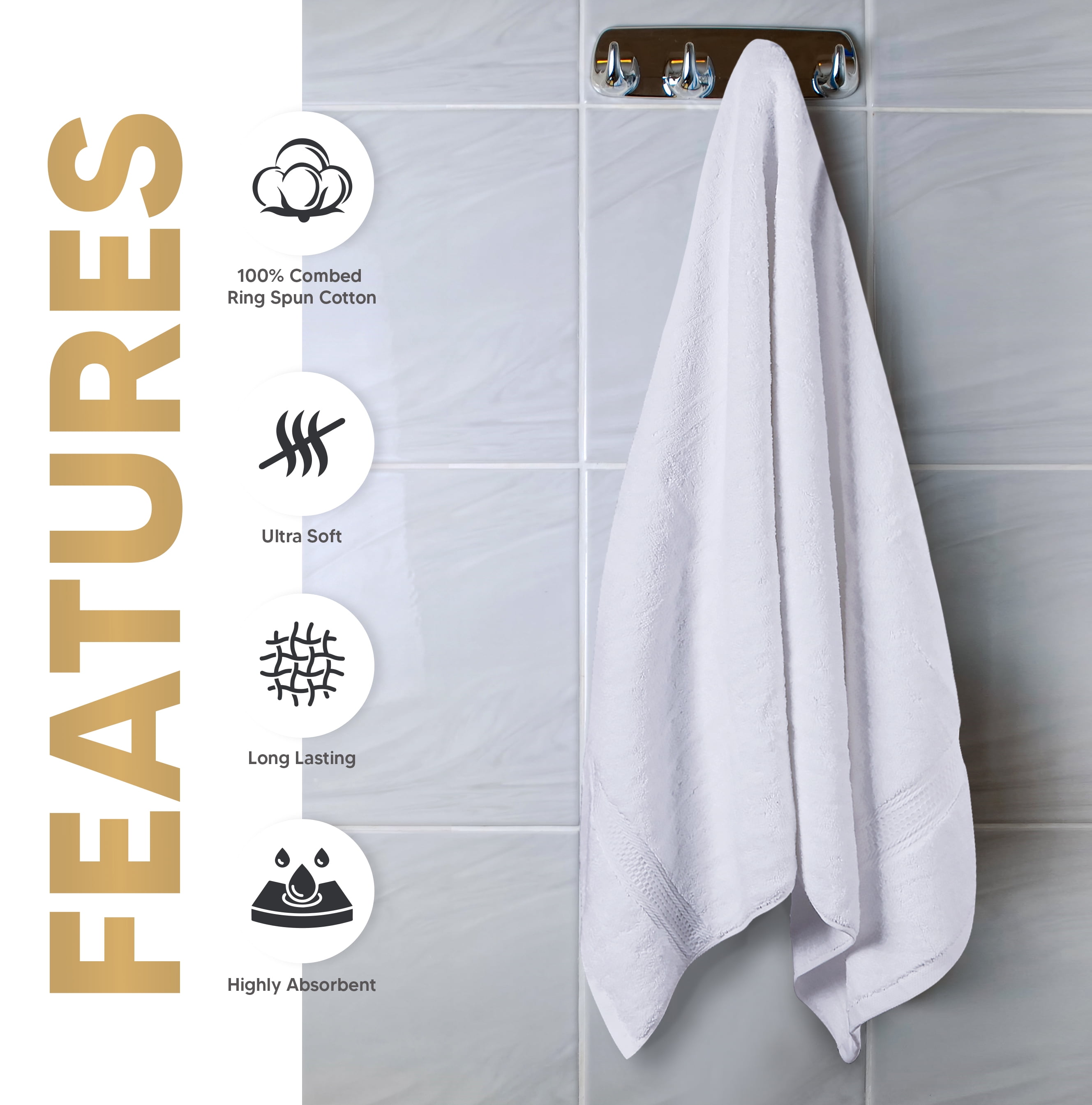 PEKUR 4 Pack Bath Towels Set, 100% Ring Spun Cotton, Soft and Highly Absorbent Wash Towels for Body and Showering – Perfect for Daily Use (27 x 54 Inches)(White)