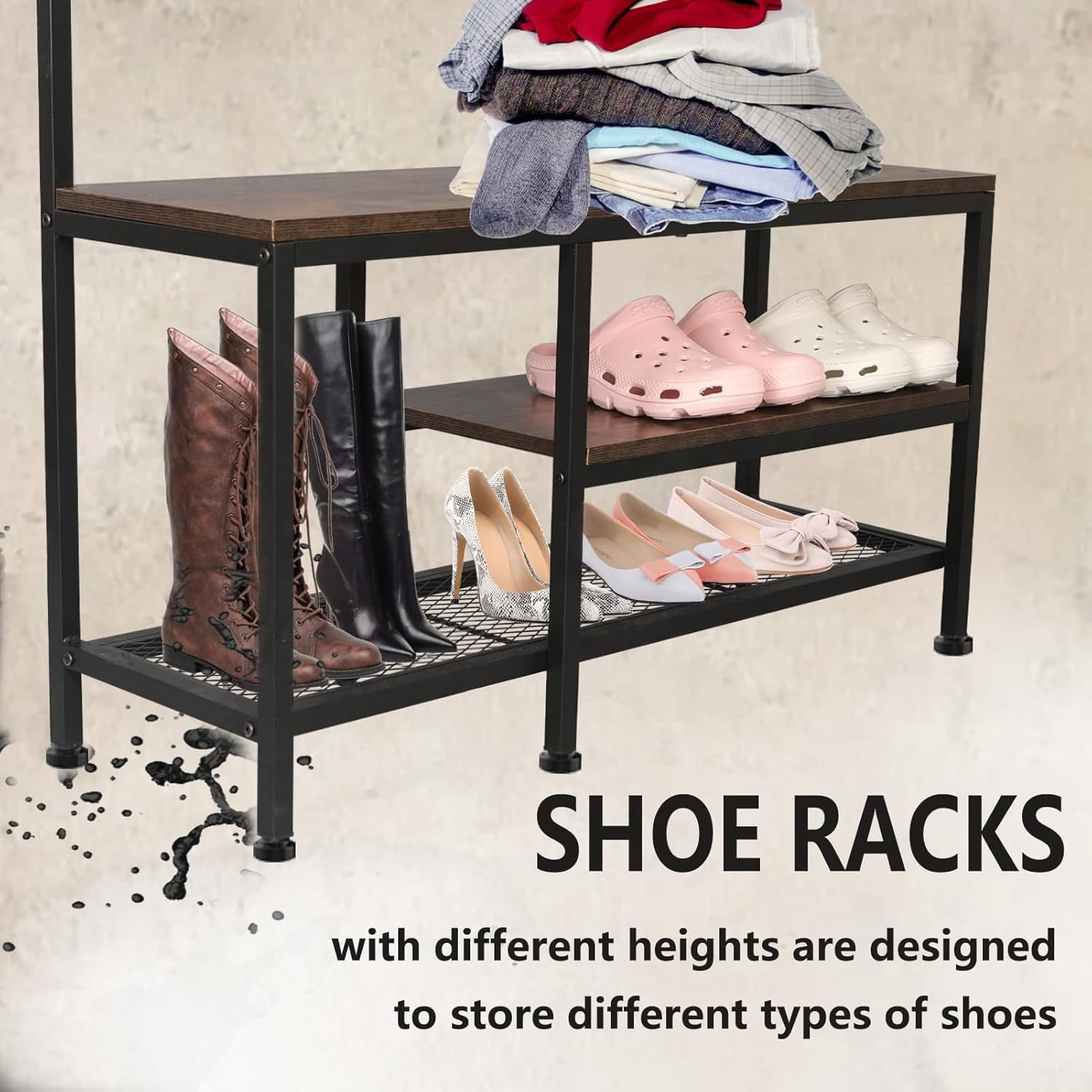 Coat Rack with Shoe Storage, Hall Tree with Bench, 5 in 1 Shoe and Coat Rack for Entryway, with 9 Hooks, A Hanging Rod, 35.5x12x70.8in