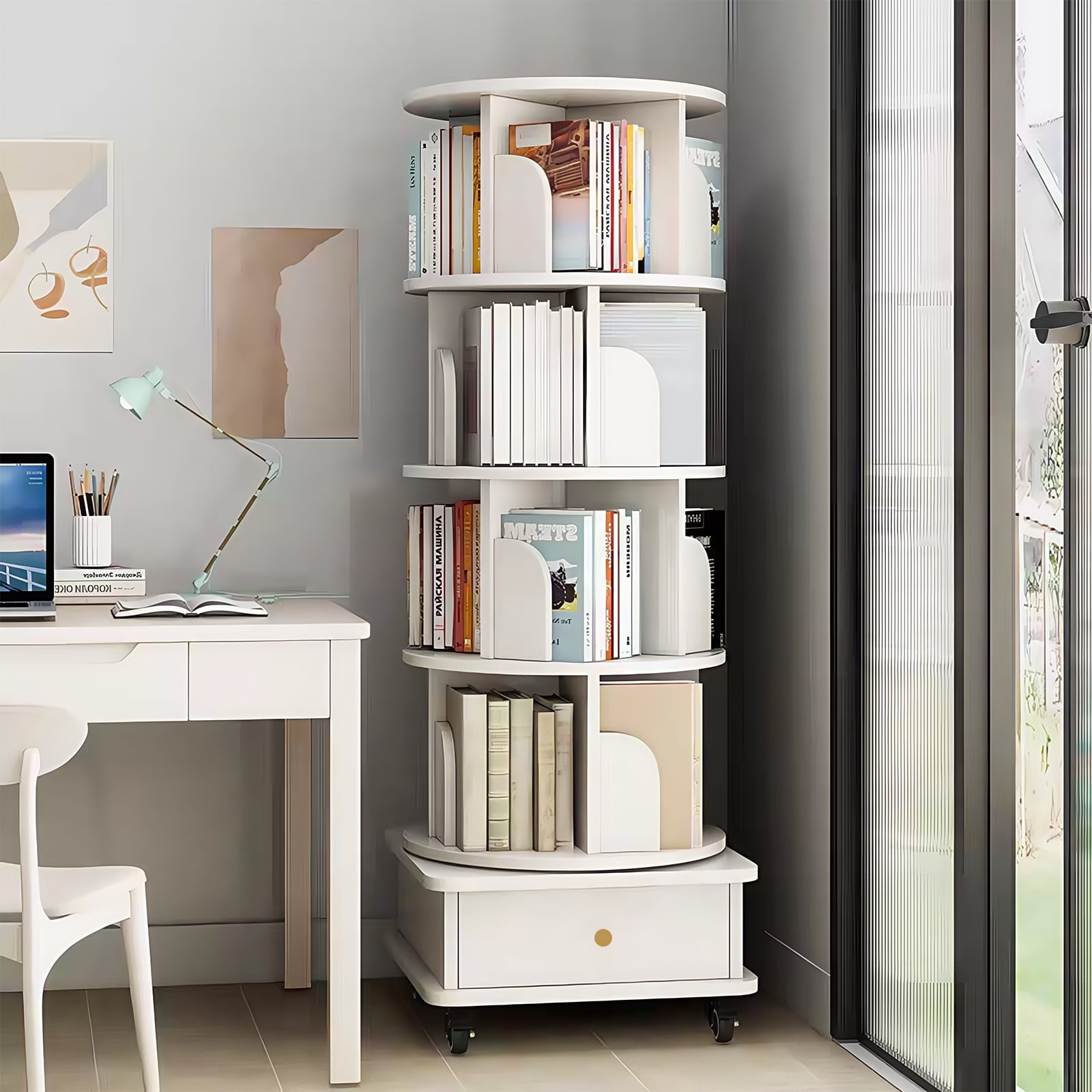 Paproos 5 Tier Rotating Bookshelf, 360° Display Wood Spinning Bookshelf Tower with Wheels and Bottom Drawer, Small Rotating Bookcase, Corner Book Shelf for Home Office, Bedroom, Warm White