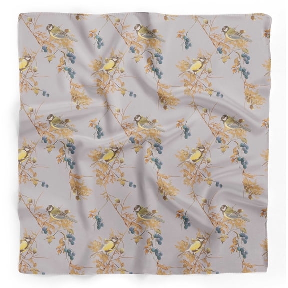 Bimba Gray Black Berry & Yellow Sparrow Bird Printed Pure Silk Scarf For Hair Neck Head Bandanas For Women 40 x 40 Inches