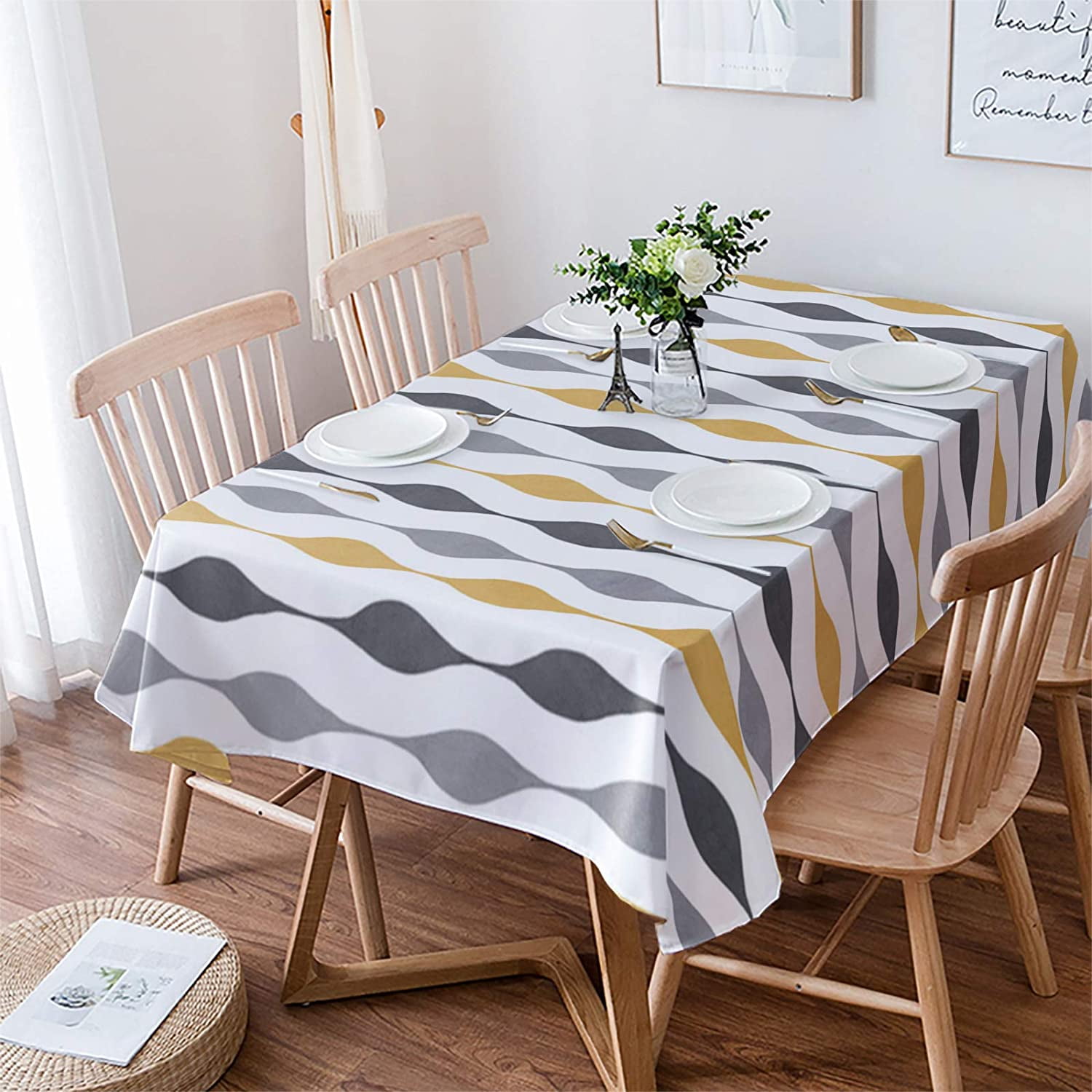 Gold and Grey Tablecloth Rectangle/Oval Geometric Stripes Table Cloth