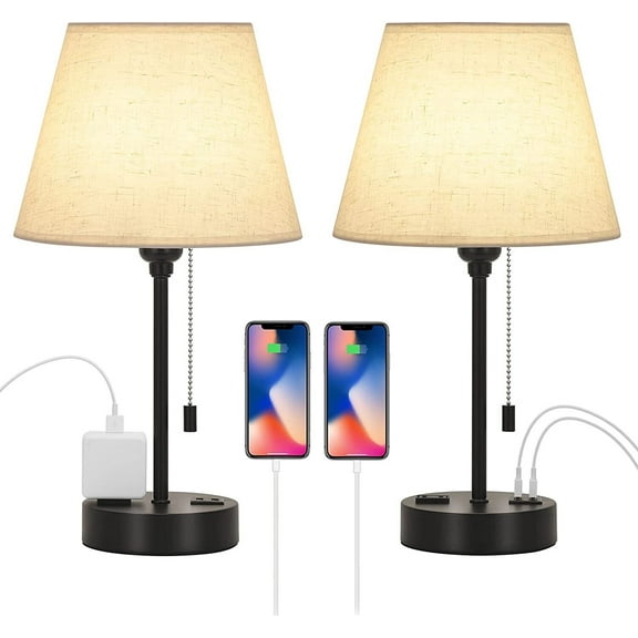 2 Pcs Modern Table Lamps w/ USB Ports AC Outlet Nightstand Desk Lamp for Bedroom