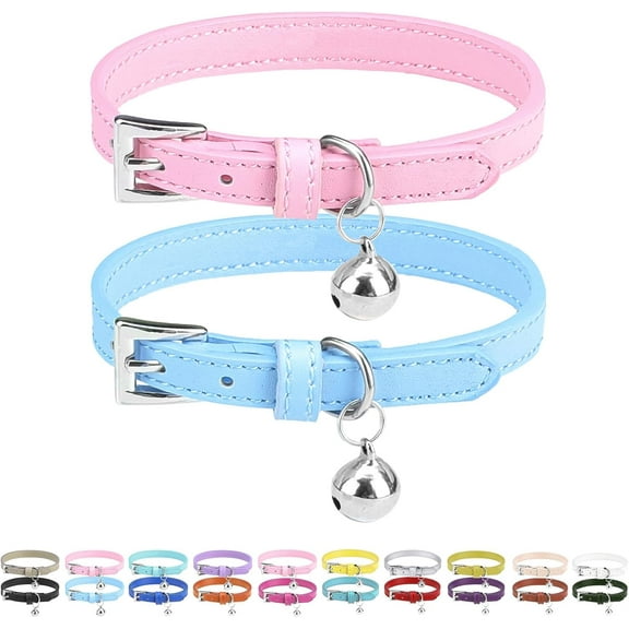 Kiibsot 2 Pack Soft Leather Cat Kitten Collar with Bells, Adjustable Collars for Girl Boy Cats Puppy