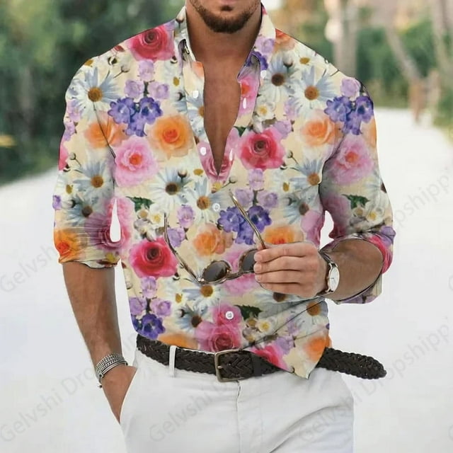 Camisas hawaianas de manga larga con estampado 3D de margaritas y flores, camisas de playa para hombre, camisas de moda, blusas con solapa, blusas de un solo pecho, ropa de calle