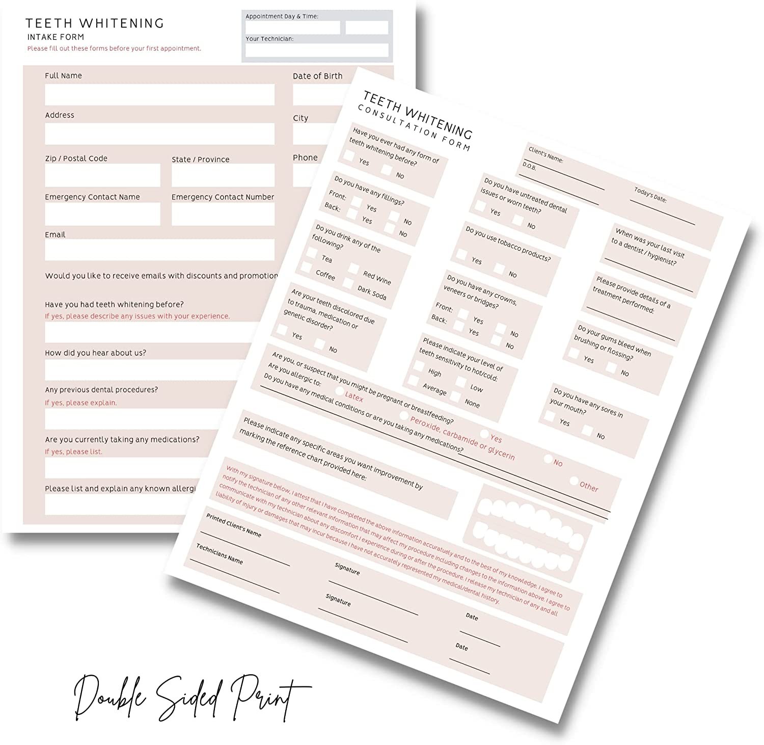 Teeth Whitening Forms Pack - 75 Printed Forms (Intake, Consent & Aftercare) 8.5x11"