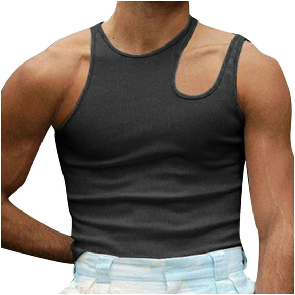 IROINNID Round Neckline Work Out Tops For Men Sleeveless Hollow Out T-Shirt Off-the-shoulder Bottoming Shirt Vest Pullover Solid Color Tops