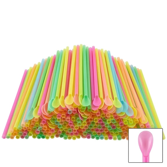 400 Pack Snow Cone Spoon Straws 8.25 Inch, Disposable Plastic Spoon Straws, Assorted Color Drinking Straws for Slushies, Milkshakes and Party Drinks