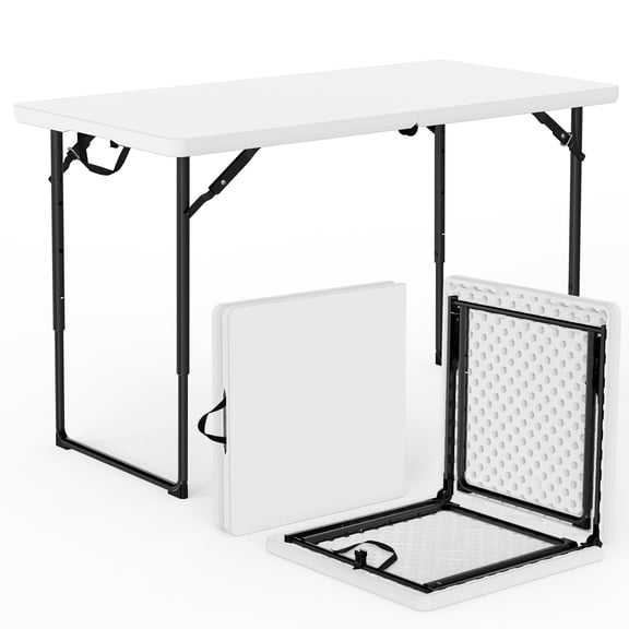 4ft Folding Table, Fold-in-Half Plastic Table, Heavy-Duty Portable Utility Table with Adjustable Height Steel Legs & Carry Handle for Party, Camping, Picnic, Indoor Outdoor Use (White)