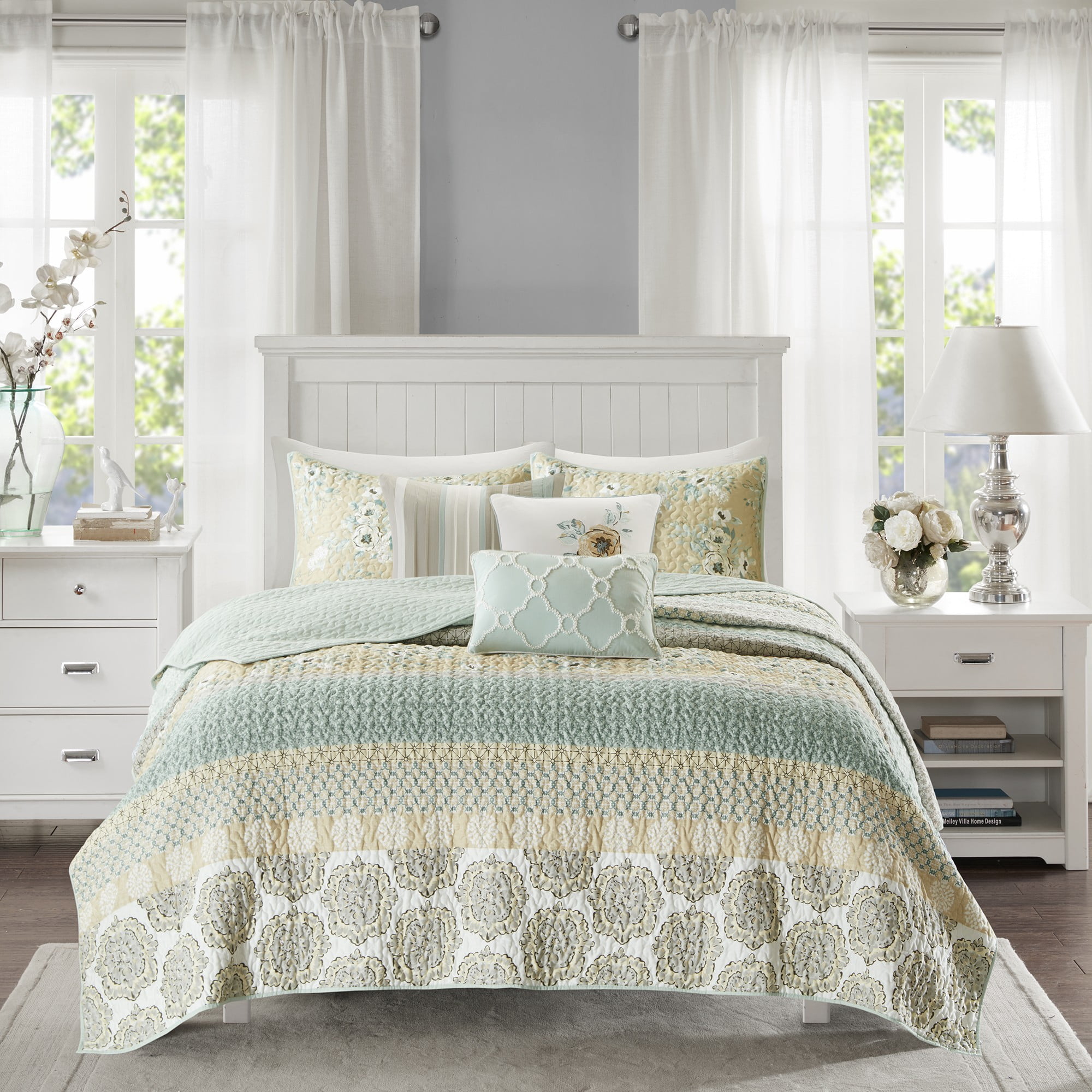 Madison Park King/Cal King Willa 6-Piece Cotton Quilt Set with Throw Pillows, Green