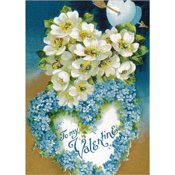24-Unique Blue and Gold Flowers Vintage Valentines Day School Package Cards - in a Boxed Set with envelopes